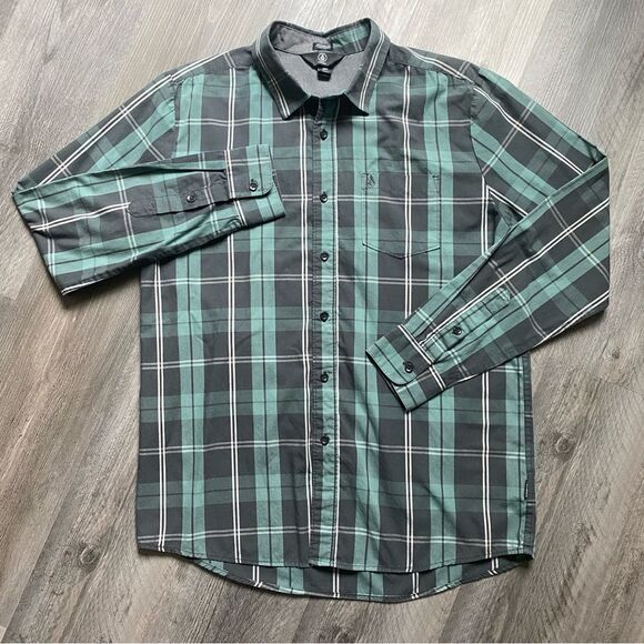 Volcom Shirt Green Gray Plaid Button Down Modern Fit Large - Picture 2 of 8